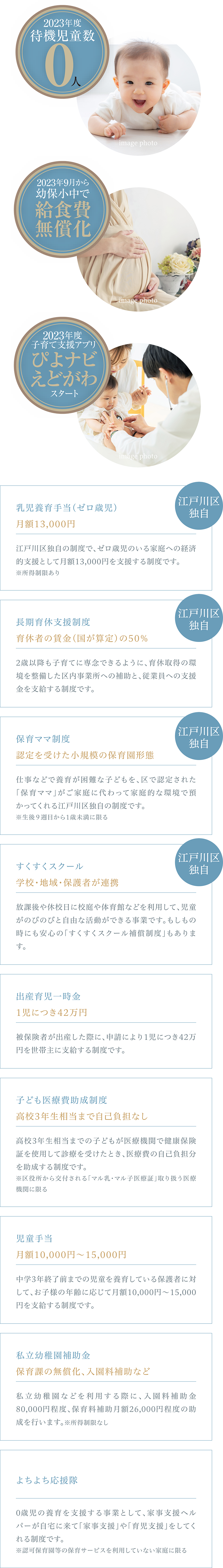 2023年度待機児童数0人、2023年9月から幼保小中で給食費無償化、子育て支援アプリぴよナビえどがわスタート、[江戸川区独自]乳児養育手当（ゼロ歳児）、[江戸川区独自]長期育休支援制度、[江戸川区独自]保育ママ制度、[江戸川区独自]すくすくスクール、出産育児一時金、子ども医療費助成制度、児童手当、私立幼稚園補助金、よちよち応援隊