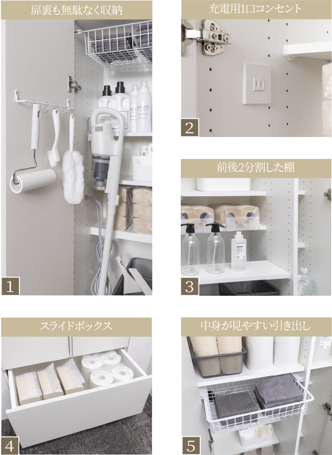 1:扉裏も無駄なく収納、2:充電用1口コンセント、3:前後2分割した棚、4:スライドボックス、5:中身が見やすい引き出し