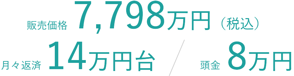 販売価格7,798万円（税込）、月々返済14万円台、頭金8万円