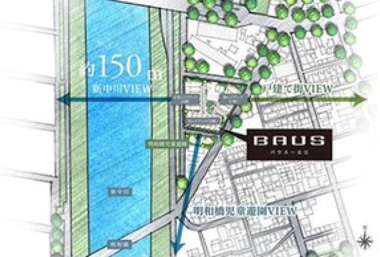 4方接道＆3方開放のリバーサイド立地［現地周辺イラスト（※3）］