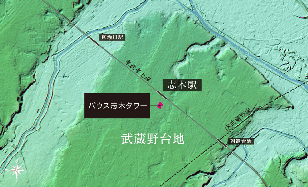 武蔵野台地（志木地区）標高概念図（出典：国土地理院のウェブ地図「地理院地図」）