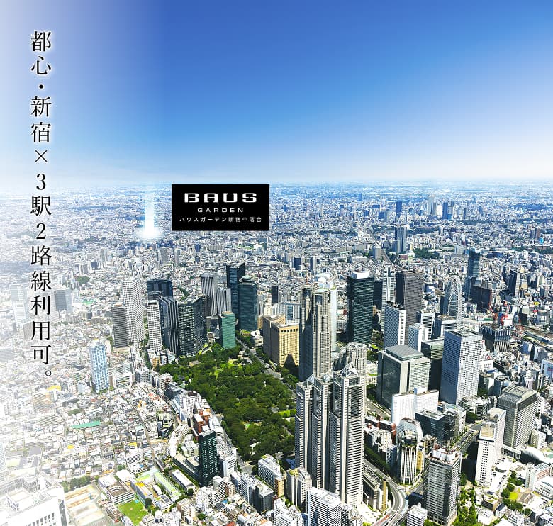 新宿副都心上空から計画地方向を望む航空写真