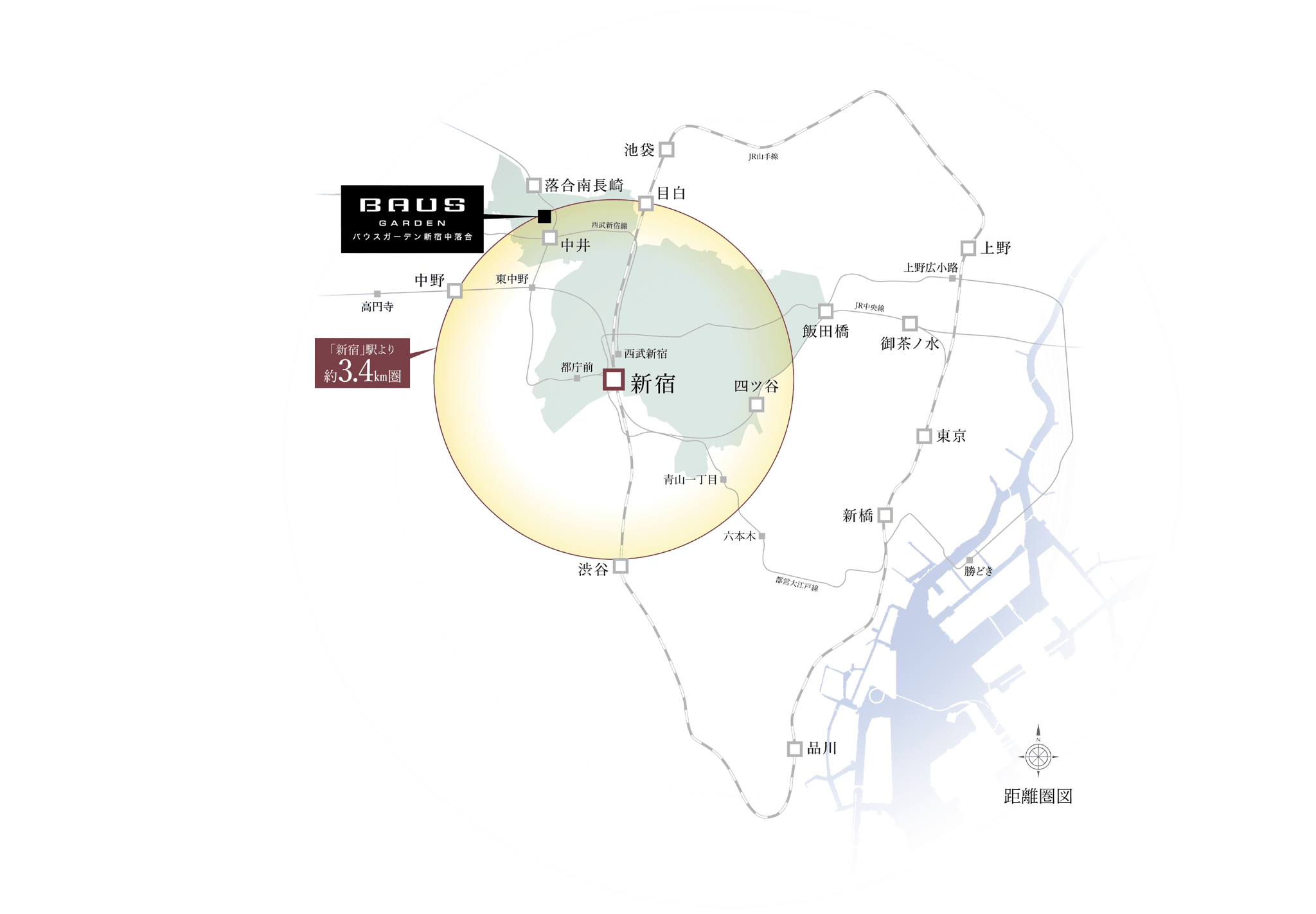 バウスガーデン新宿中落合は新宿駅より約3.4km圏内